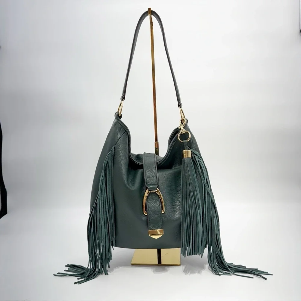 Gilli Genuine Leather Fringe Shoulder Bag – Green Hobo Tote with Tassel Detail